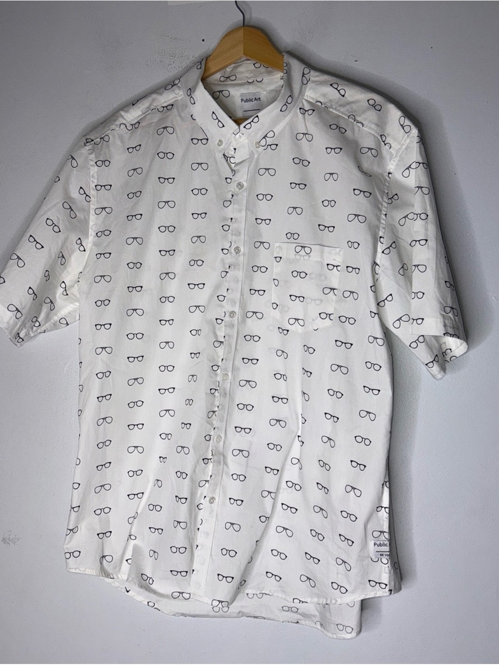 Public Art Short Sleeve Collar Button Down White Black Glasses Print XXL
